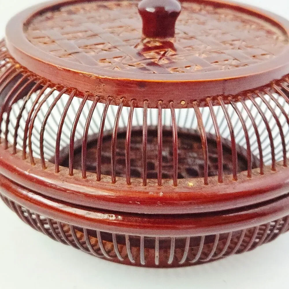 Vintage Japanese Handwoven Bamboo Lacquered Wagashi Basket w/ Lid Cricket Cage